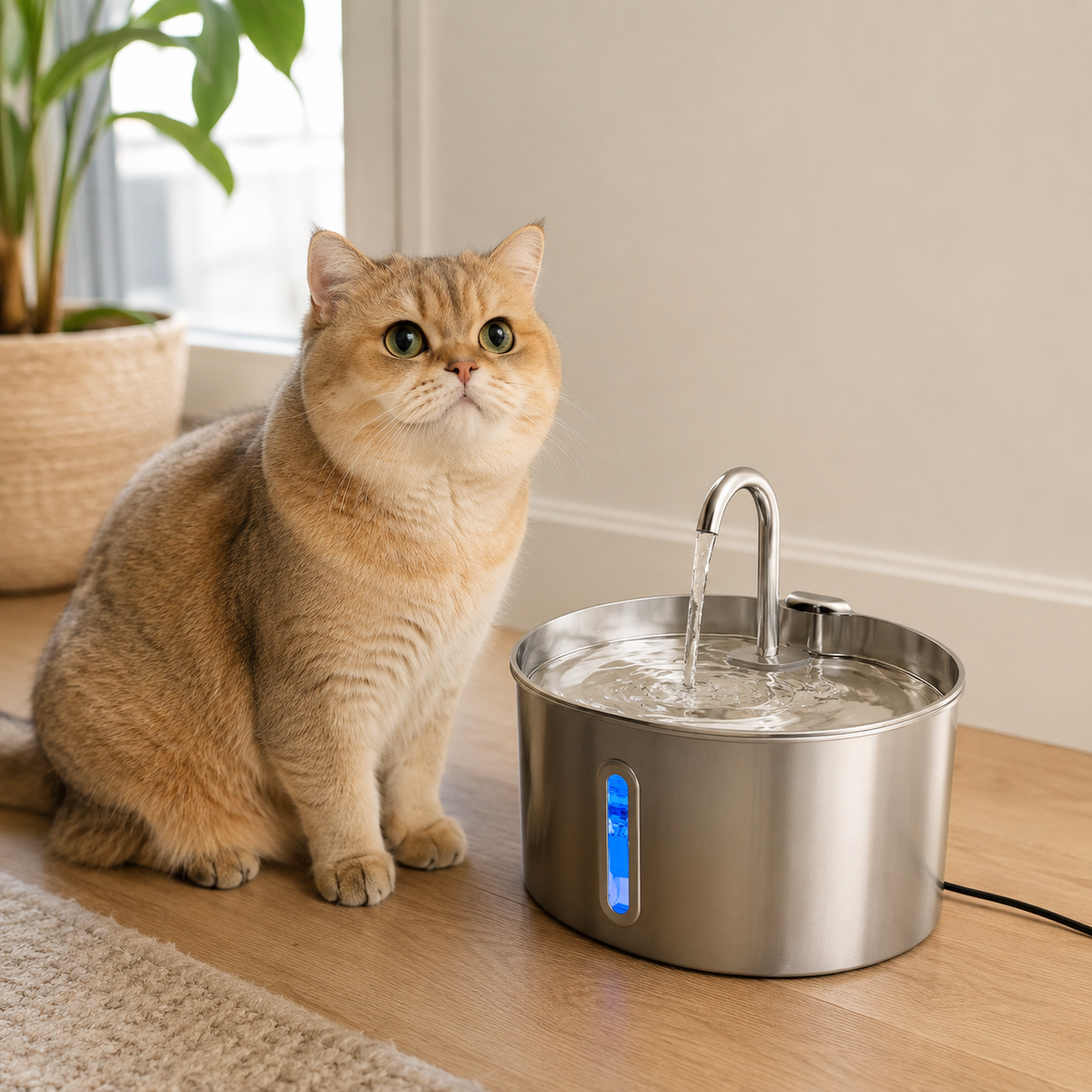 Cat sitting next to the PureSpring fountain