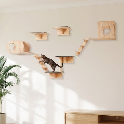 Tabby cat mid-climb on the natural pine SkyLounge wall shelf set in a bright living room