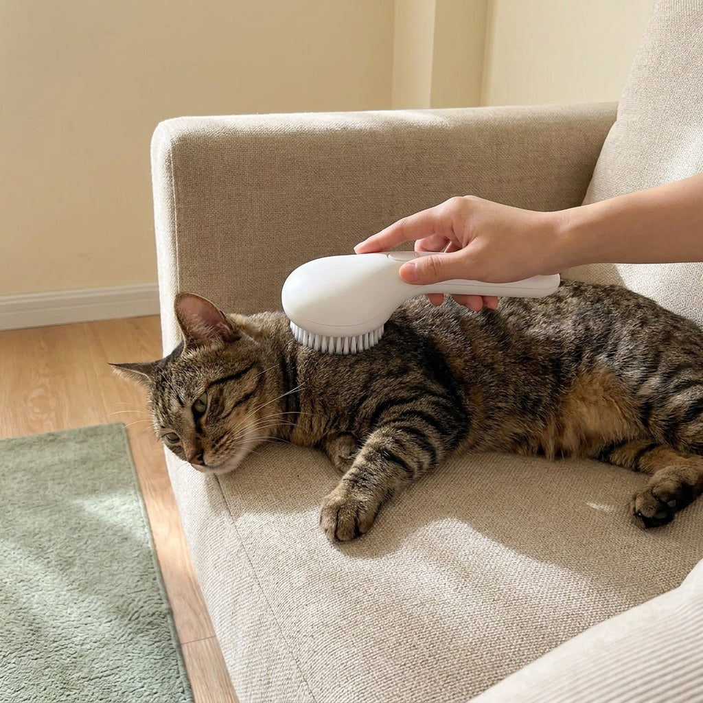 Hand grooming a relaxed tabby cat with the SteamGroom 5-in-1 white brush