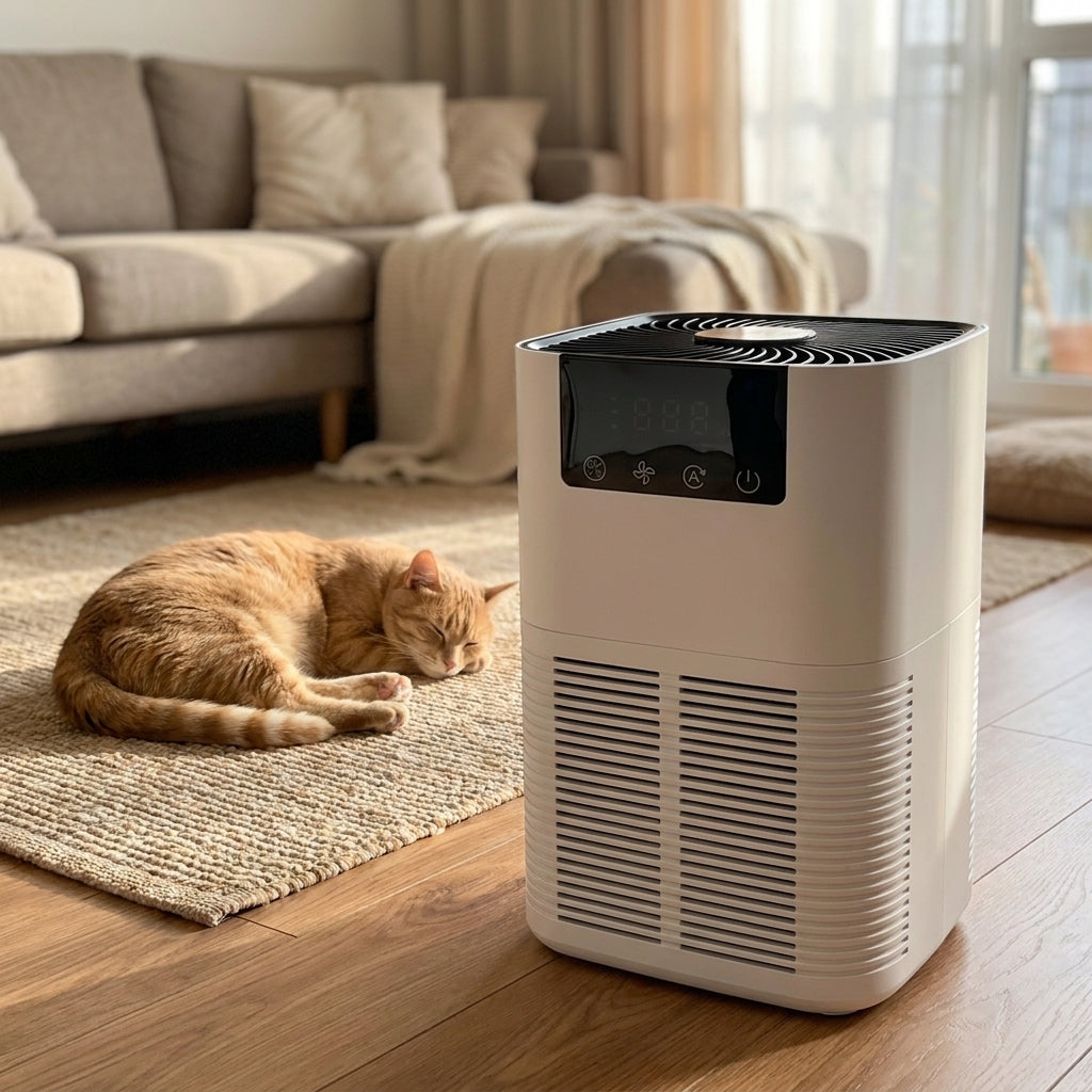 PurePaw air purifier in a cozy living room with a cat