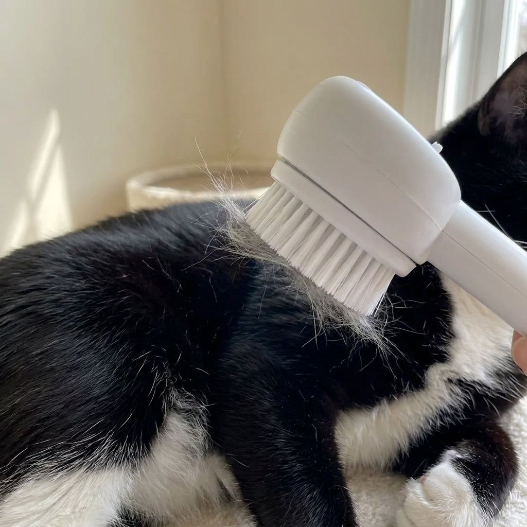 Close-up of the SteamGroom brush head pulling loose grey fur from a tuxedo cat's coat