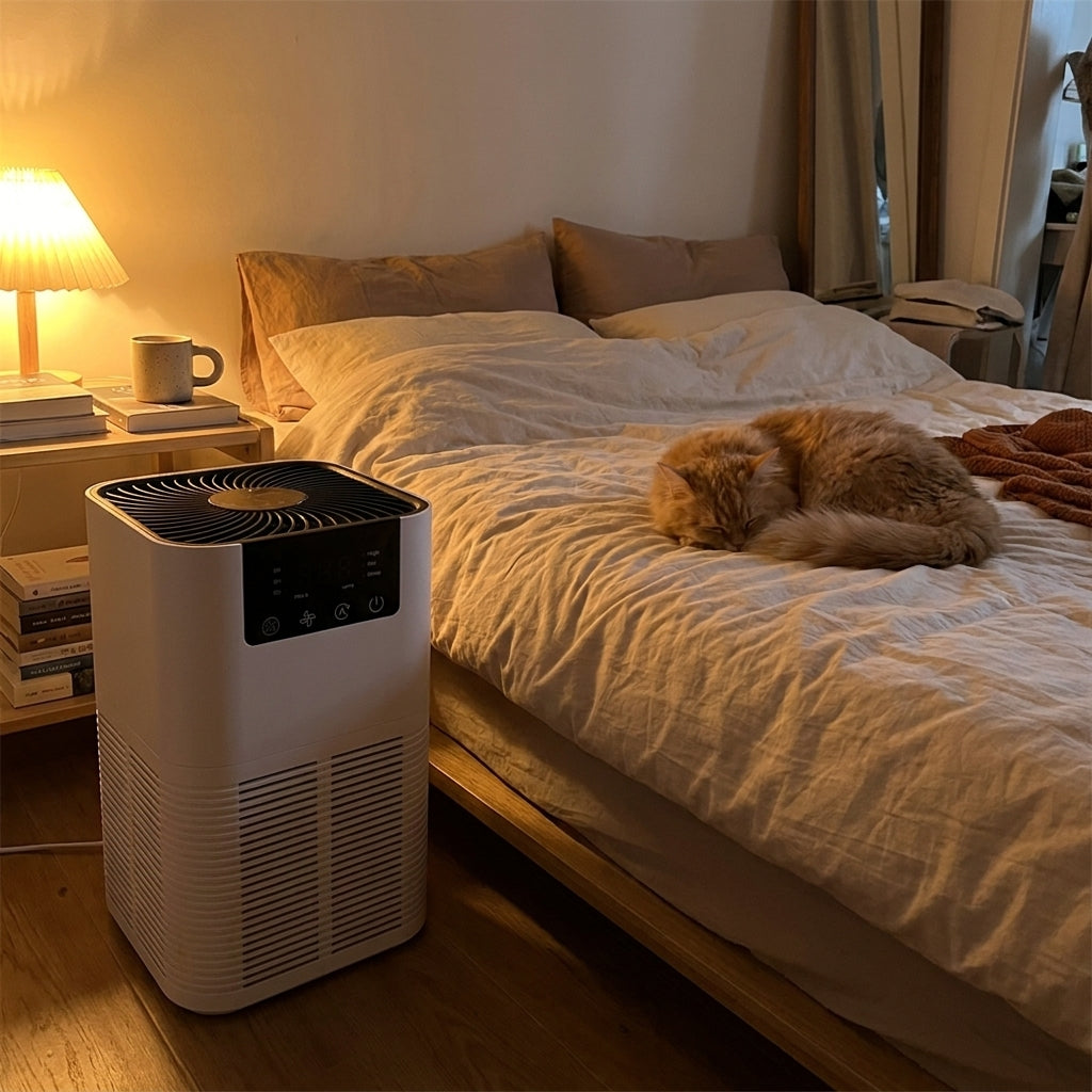 PurePaw purifier in a bedroom with a cat sleeping on the bed