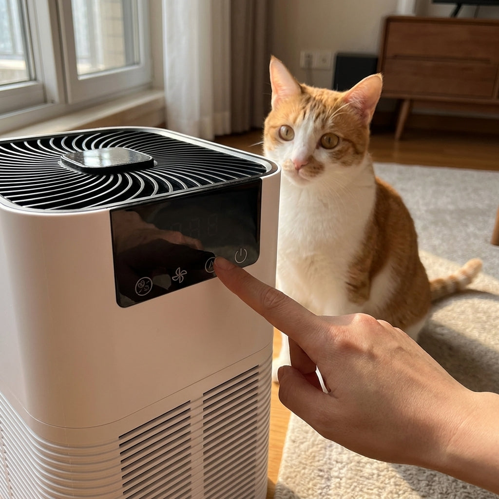 Tapping the PurePaw touch control panel while a cat watches