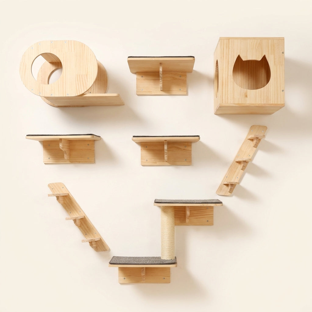 All seven SkyLounge pine pieces laid out: tunnel, cube house, shelves, ladders and scratching post platform