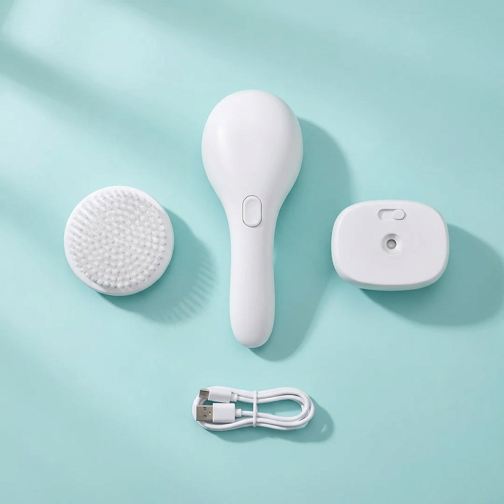 Flat-lay of the SteamGroom — white handle plus two attachable heads and USB-C cable