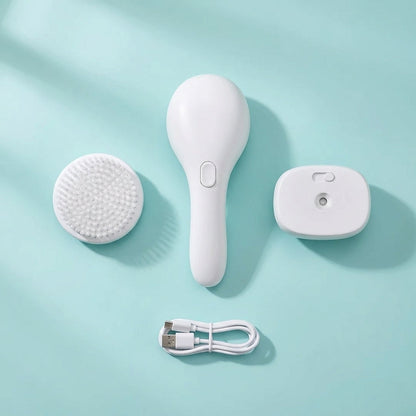 Flat-lay of the SteamGroom — white handle plus two attachable heads and USB-C cable