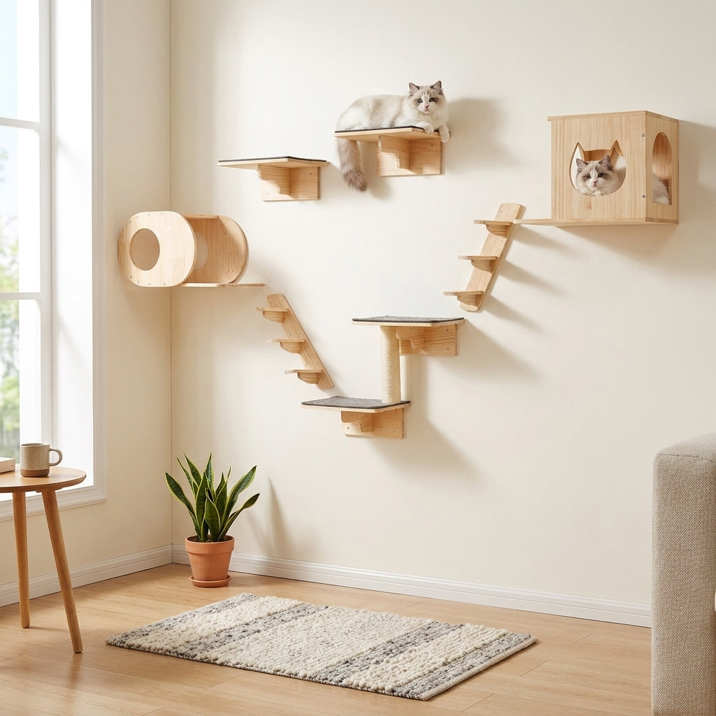 Open apartment floor next to the wall-mounted SkyLounge set showing space saved versus a bulky floor cat tree
