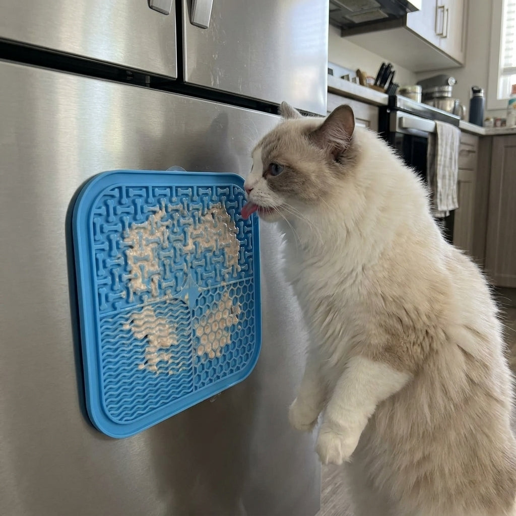 Blue lick mat stuck to a stainless fridge door while a cat reaches up to lick it