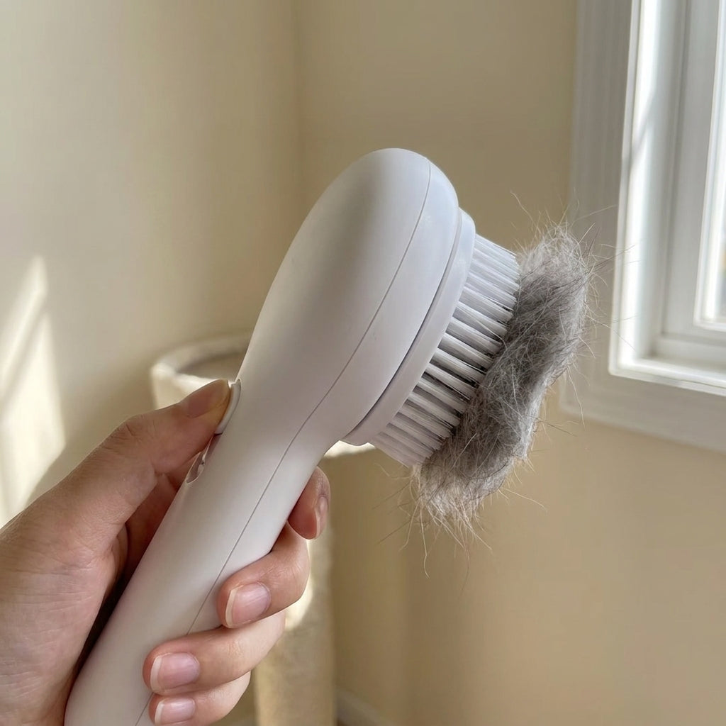One-click button releases collected cat fur off the SteamGroom brush head
