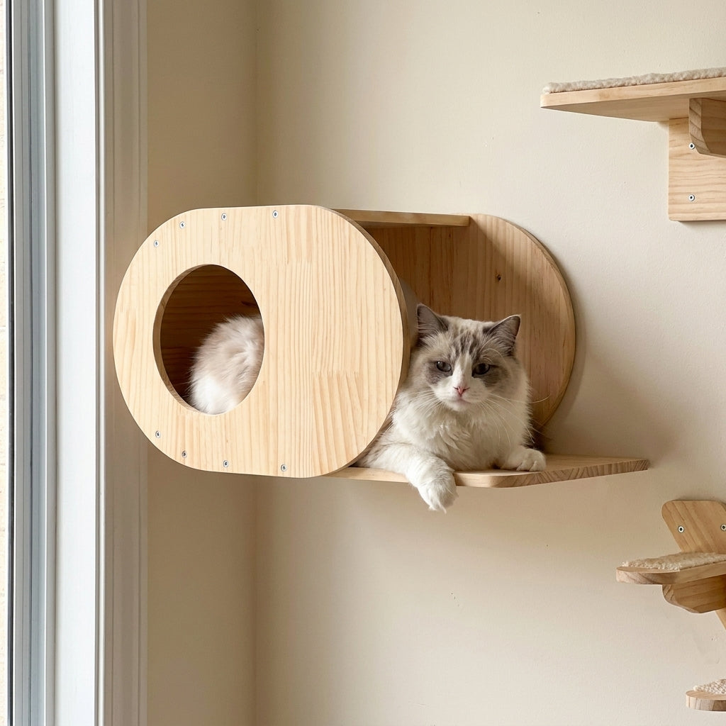 Ragdoll cat peeking out of the round pine tunnel hideout of the SkyLounge wall set