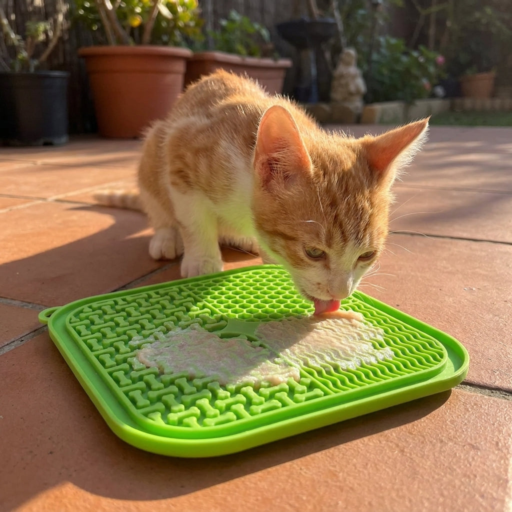 Green lick mat with frozen treat puree being enjoyed by a tabby kitten on a patio