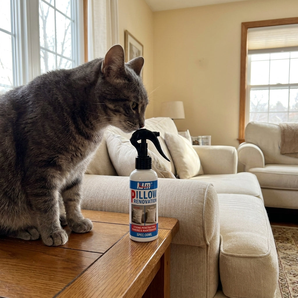 FreshAgain — Curious tabby sniffing bottle on side table