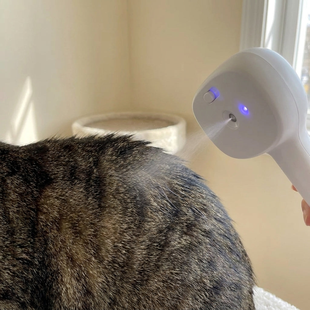 SteamGroom spray-UV head emitting a fine mist with UV indicator glow