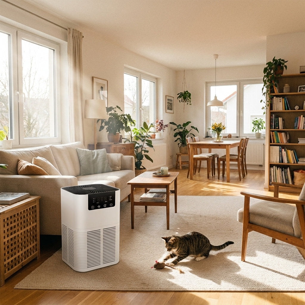 PurePaw freshening the air in an open living-and-dining room