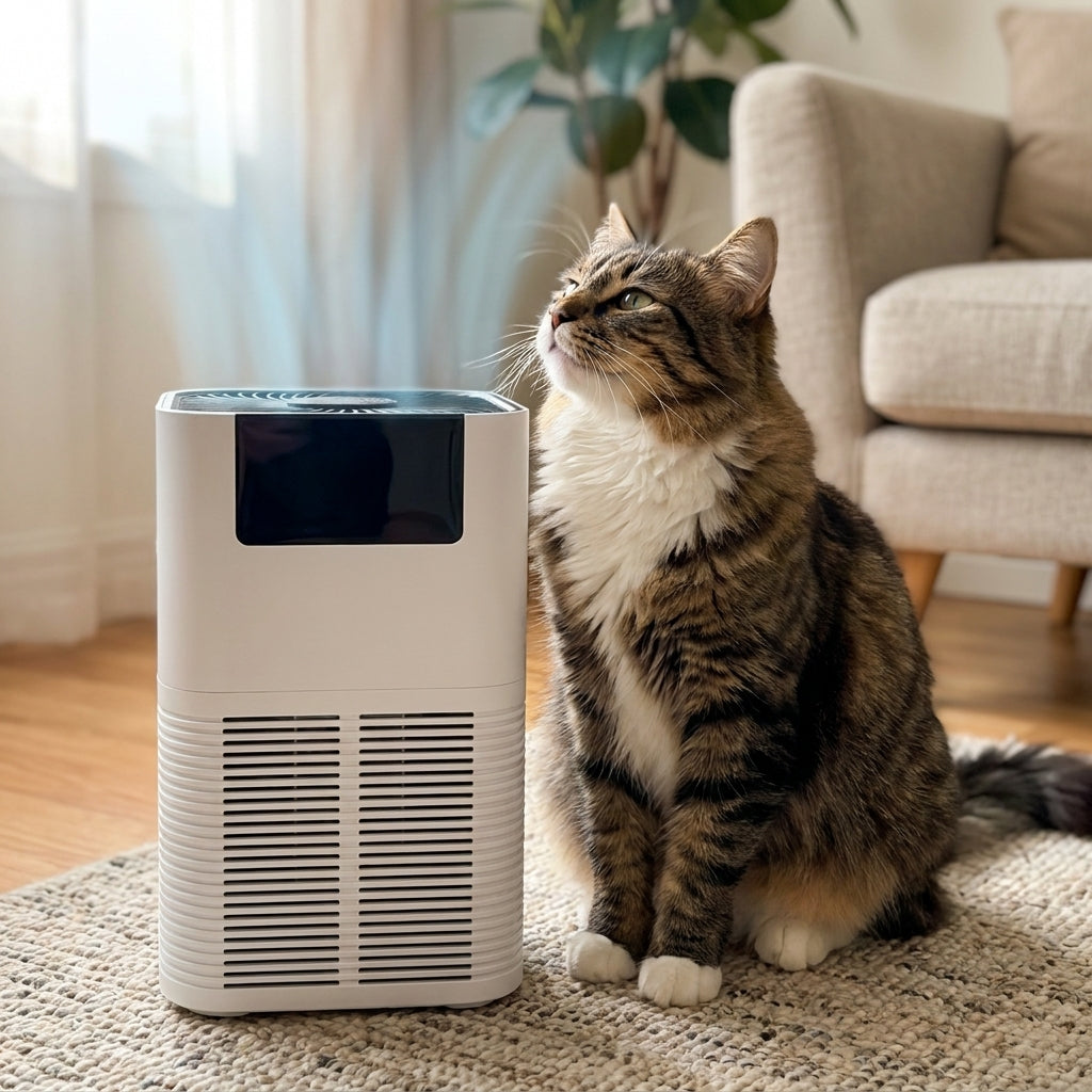 Cat sniffing the gentle airflow from the PurePaw purifier
