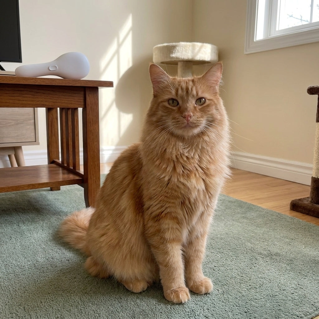 Happy ginger cat freshly groomed beside the SteamGroom brush