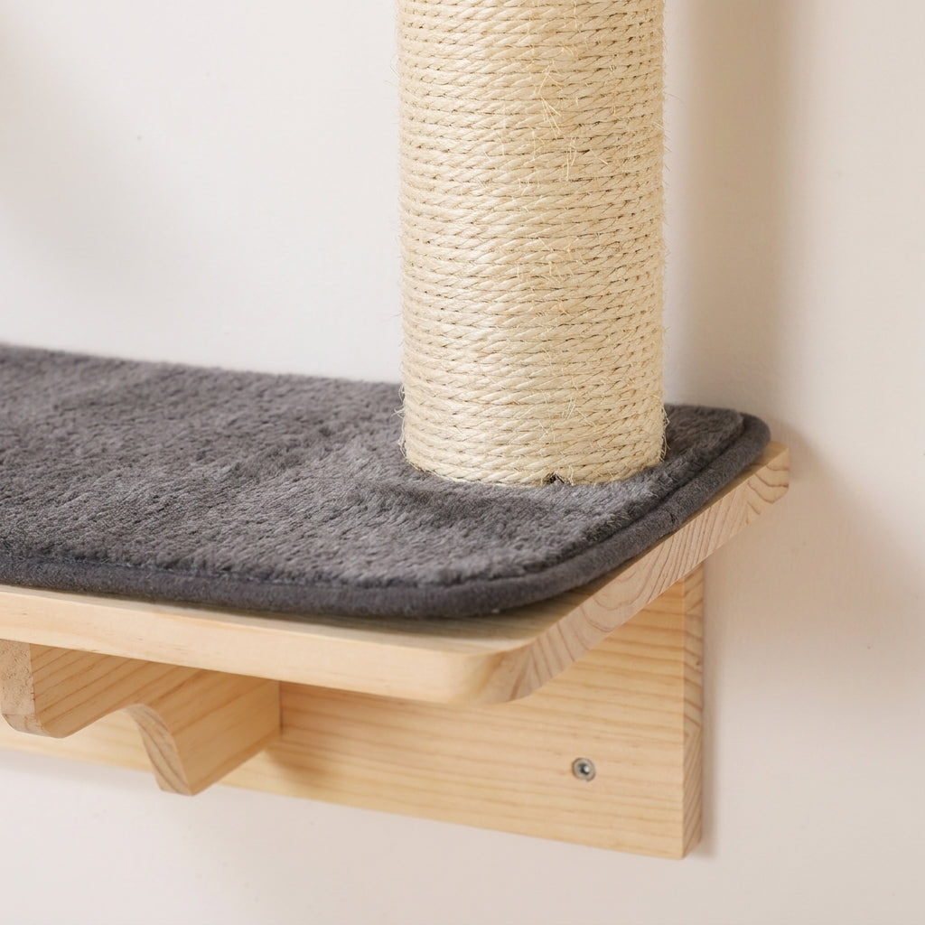 Detail of the sisal-rope-wrapped scratching column and fleece-lined pine perch of SkyLounge