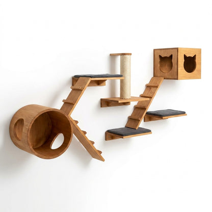 Full SkyLounge 7-piece pine wall cat shelf set mounted on a clean studio wall, no cat