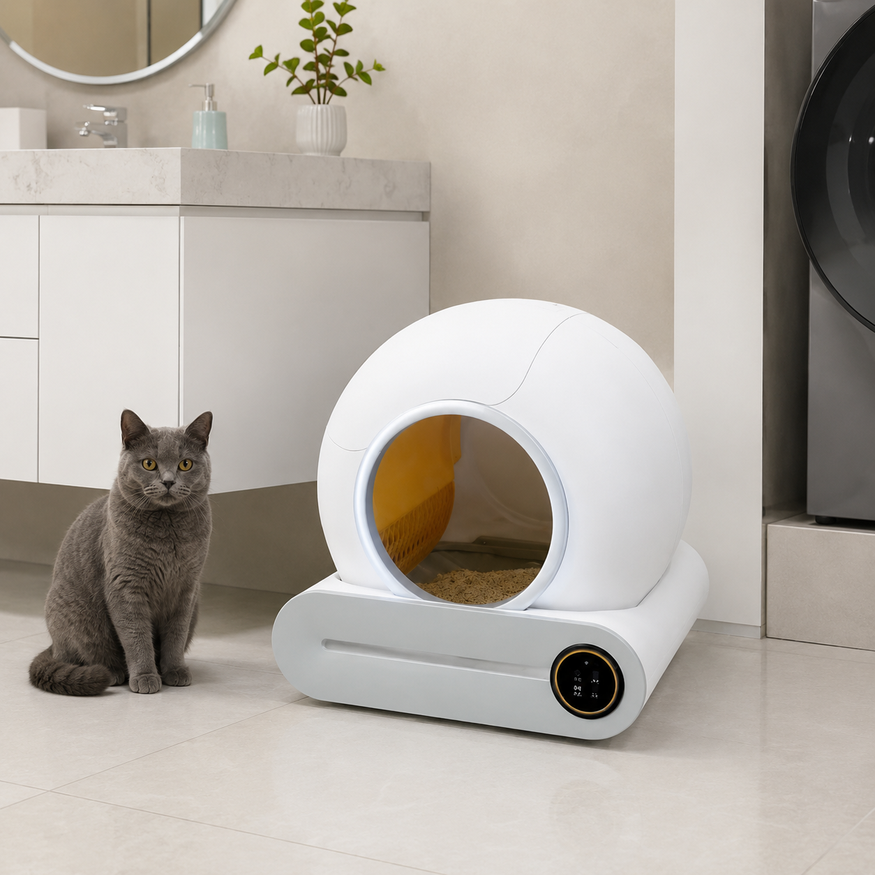 Cat by litter box