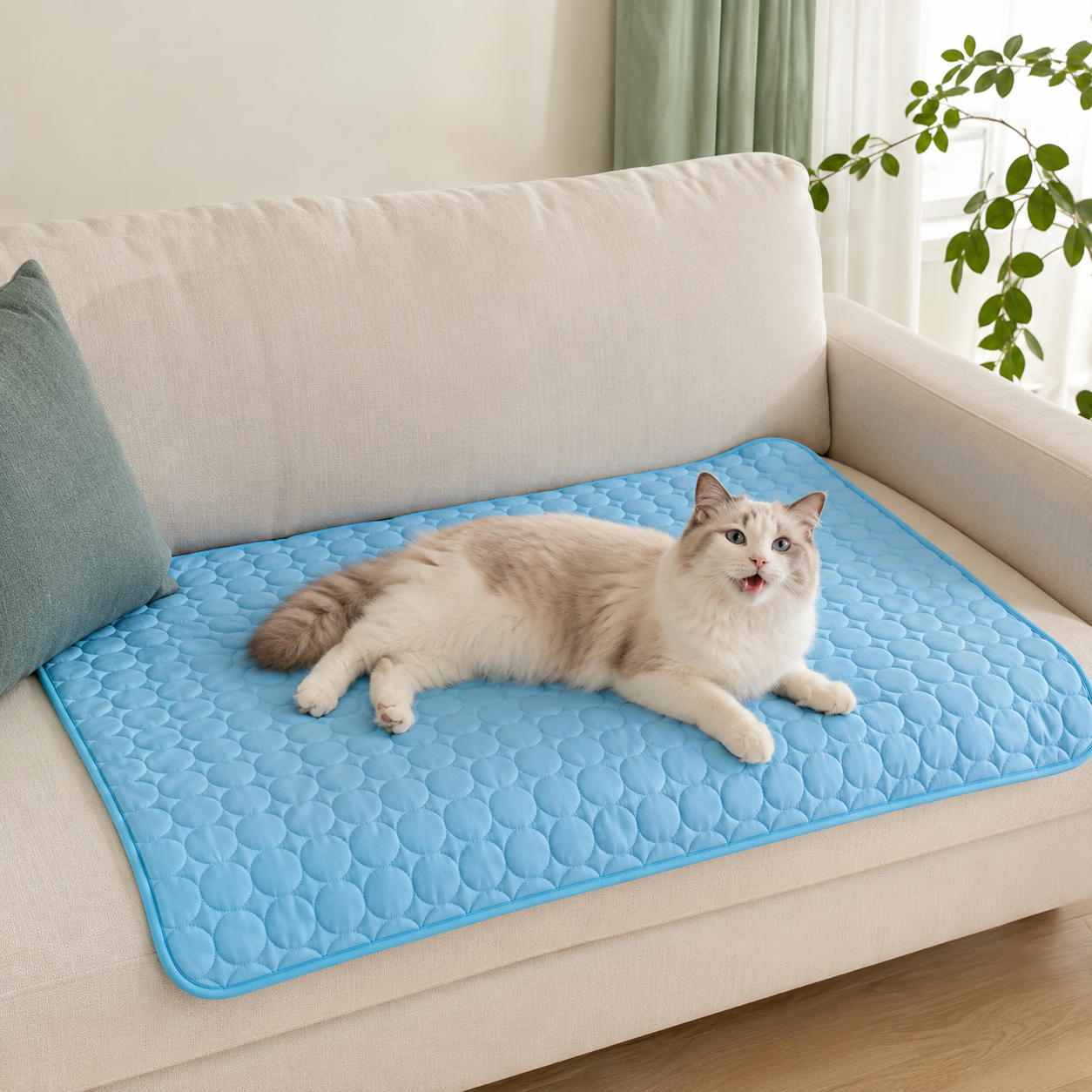 Cat cooling off on the ChillPad on the couch